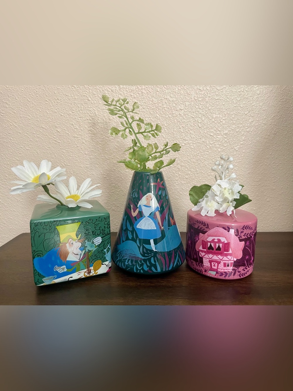 Hand-Painted Disney Alice in Wonderland 70th Anniversary vase set by Mary Blair